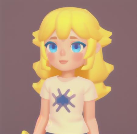 <lora:getaisoft3d:0.7>,solo,soft art style, 1girl, solo, long hair, blush, blue eyes, upper body, yellow hair, short sleeves, shirt, 3d,happy,fluffy