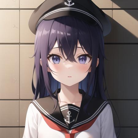 (masterpiece, best quality:1.2),illustration,8k,hd,1girl,solo,upper body,(portrait:1.2),long_hair,white serafuku,purple_eyes,anchor_symbol,flat_cap,purple_hair,black_hair,hair_between_eyes,black_headwear,black_skirt,long_sleeves,pleated_skirt,red_neckerchief,white school_uniform,skirt,black_pantyhose,black_sailor_collar,<lora:Akatsuki>,