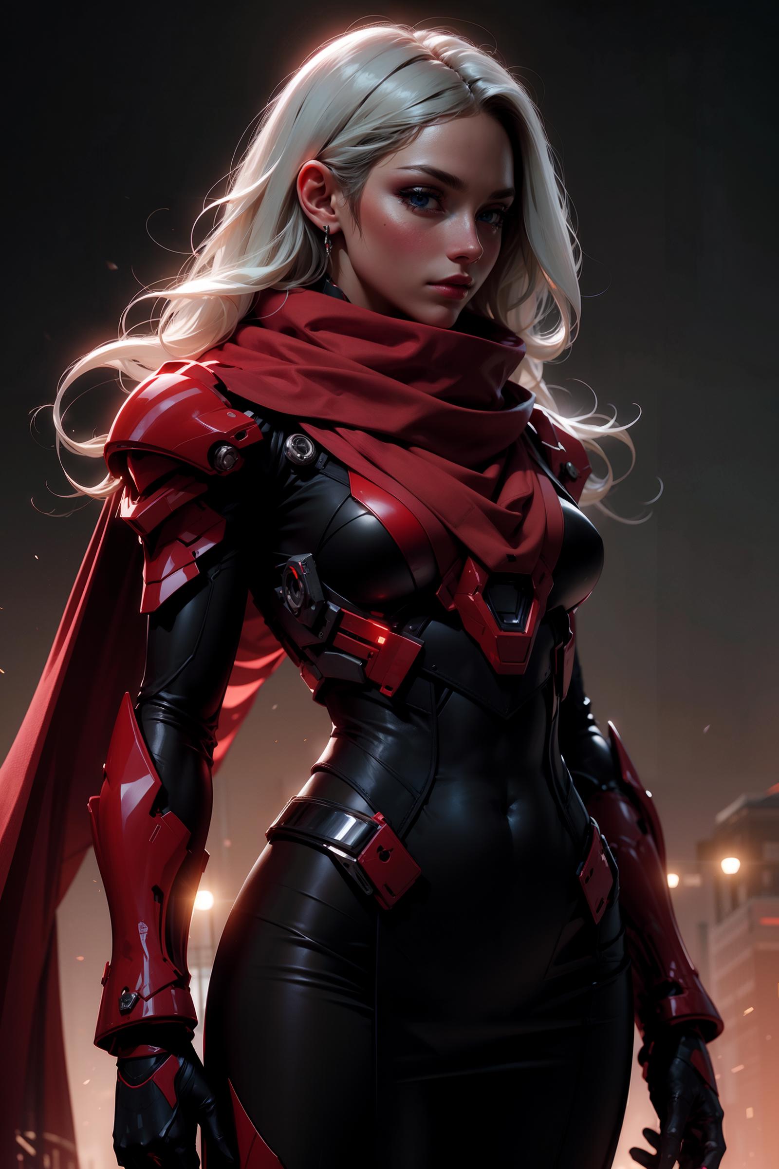 A woman with blonde hair in a red and black costume.