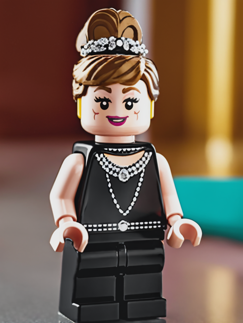 LEGO MiniFig, Audrey Hepburn in the film of Breakfast at Tiffany's <lora:lego_v2.0:0.8>, masterpiece, high detail, 8k, hig...