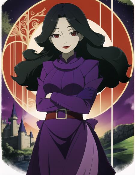 DoreneEzelcant,red eyes, black hair, wavy hair, red lips, hair over one eye purple dress