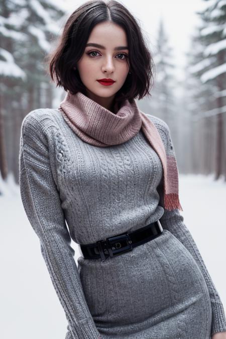 photo of a woman, ellahunt-3029:0.99, ((pale skin)), ((short hair, dark brown hair))((turtleneck sweater dress, scarf, leggings):1.2),((cowboy shot, waist, hips, thighs):1.2),((outdoors, snow, forest):1.2),,((red lipstick, eyeliner, eye shadow, blush):1.2), ((best quality, masterpiece, extreme details, high resolution):1.2),((detailed eyes, beautiful eyes, detailed face, beautiful face):1.2)