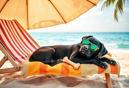 Masterpiece, best quality, highres, cute animal photography style, soft lighting, warm tropical tones, cinematic composition. A black labrador rests peacefully on a striped lounge chair by the shore of a sunny tropical beach. His sleek coat gleams under the soft sunlight, but he's shaded by a wide parasol that casts a gentle, dappled shadow across his body, keeping him cool. The dog lies in a classic curled-up pose, comfortably nestled atop a brightly colored beach towel soft and rumpled beneath his paws. he wears stylish round sunglasses with green lenses, slightly oversized for extra charm. In the reflective tint of the lenses, the sparkling turquoise sea stretches into the horizon, complete with soft white waves and a glimpse of distant palm trees swaying in the breeze. A small breeze tousles his floppy ears just slightly, and there's a half-chewed toy bone nestled beside one paw. the sand beneath the chair is clean and golden, with seashells scattered here and there. A few footprints trail away toward the water. The entire setting radiates peaceful vacation vibes tranquil, tropical, and full of sunshine, with the gentle rhythm of waves completing this serene summer day.