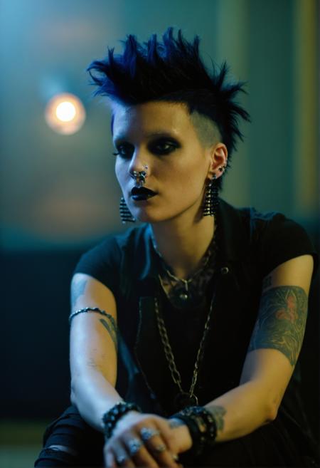 davidfincherstyle, a woman with black punk hair and piercing is sitting in a room, It is nighttime and dimly lit as indicated by the lighting in the scene. The image has a warm color temperature,volumetric lighting,volumetric fog,depth of field