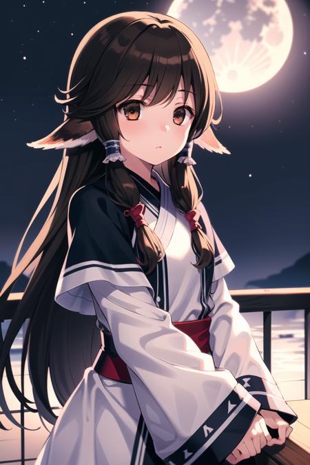 aruruu, full_moon, 1girl, night, solo, hair_tubes, long_hair, low-tied_long_hair, night_sky, sky, blurry, moonlight, brown_eyes <lora:aruruu_v2:0.7>