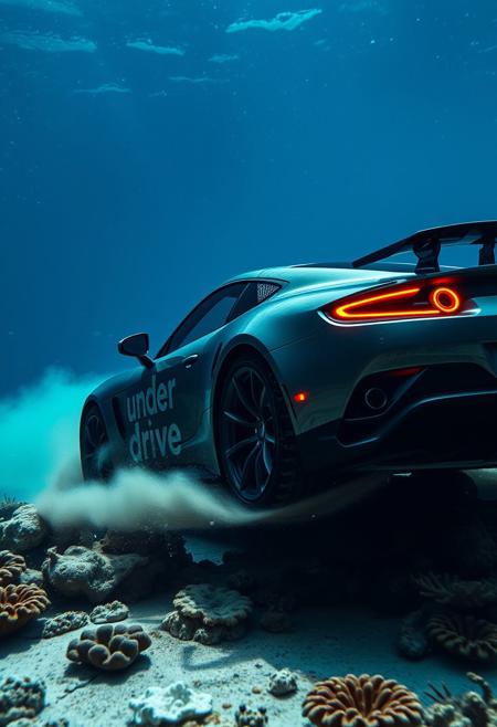 a sunken sport car is fast driving on the ocean floor, lot of small air bubbles are coming from the car, dust from the ocean floor is coming from the wheels, there are many corals under the water, beautiful lighting, big text on car body "under drive", sport car on ocean floor