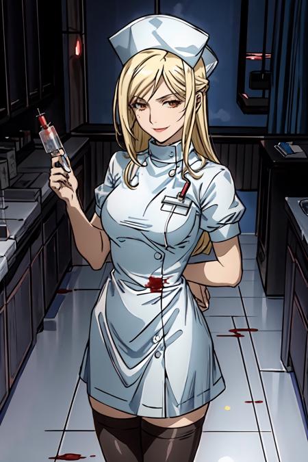 (masterpiece),best quality, <lora:MiyoTakano:0.8>, Miyo, nurse attire, thighhighs, nurse cap, holding syringe, creepy smile,  ((medical laboratory)), dark room, ((gloomy ambiance)), (evil:1.2), (blood), stretcher,<lora:Adddetail:0.8>