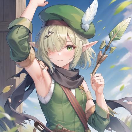 (masterpiece, best quality:1.2),illustration,8k,hd,1girl,upper body,(portrait:1.2),green scarf,pointy ears,elf,hat feather,two-tone shirt,torn scarf,green shirt,detached sleeves,shirt,scarf,solo,holding,hair over one eye,green eyes,white shirt,hat,sleeveless shirt,green sleeves,short hair,green headwear,bow \(weapon\),sleeveless,holding bow \(weapon\),shorts,beret,green hair,thighhighs,weapon,armpits,holding weapon,green thighhighs,striped thighhighs,looking at viewer,vertical-striped thighhighs,arrow \(projectile\),green shorts,small breasts,quiver,feathers,<lora:Futaba Aoi-V0.5:0.7>,