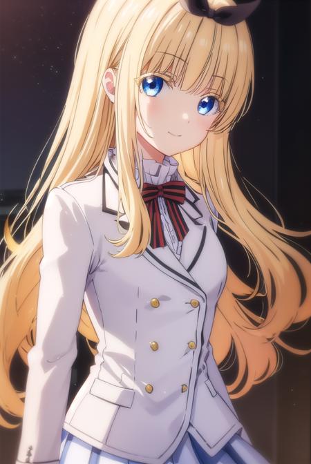 julietpersia, <lora:juliet persia s1-lora-nochekaiser:1>,
juliet persia, long hair, bangs, blue eyes, blonde hair, black ribbon, black bow, hair ribbon, hair bow, smile,
BREAK skirt, shirt, thighhighs, long sleeves, school uniform, jacket, white shirt, pleated skirt, shoes, striped, miniskirt, bowtie, black skirt, red bow, zettai ryouiki, black ribbon, garter straps, blazer, (white jacket:1.5), striped bow, striped bowtie,
BREAK indoors, classroom,
BREAK looking at viewer, (cowboy shot:1.5),
BREAK <lyco:GoodHands-beta2:1>, (masterpiece:1.2), best quality, high resolution, unity 8k wallpaper, (illustration:0.8), (beautiful detailed eyes:1.6), extremely detailed face, perfect lighting, extremely detailed CG, (perfect hands, perfect anatomy),