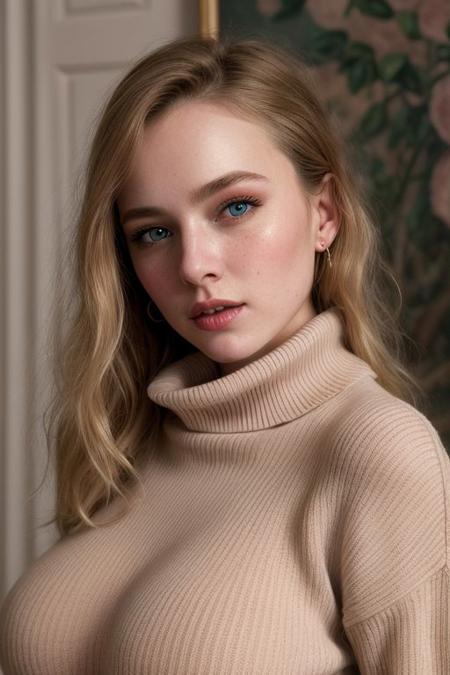 Busty Wendy, blonde hair, turtleneck sweater, 
Formal photograph, portrait, highly detailed, skin details, goosebumps, blush, detailed eyes,
Analog film photograph, hyperrealistic, photorealistic, masterpiece, RAW, HDR, 8k