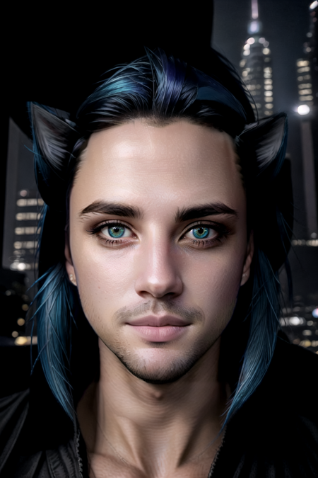 Tobias X'voor, 1boy, male focus, solo, long hair, looking at viewer, animal ears, blue hair, purple eyes, lips, parody, science fiction, realistic, laser<lora:Tobias_Xvoor-000008:1>