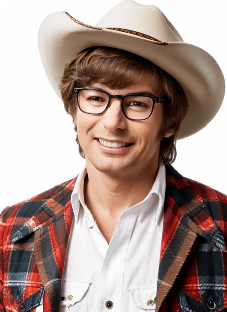 ap1  , headshot, man, solo, man wearing "Cowboy hat, plaid shirt, fringed jacket, leather chaps, cowboy boots"  hornrimmed glasses, full body, full body shot, white background, no background, PNG, natural lighting, no shadows, ultra detailed, hyperrealistic, 80mm, 4k, 8k, 8k realistic, sharp focus, intricate, high resolution <lora:AustinPowers:.75>