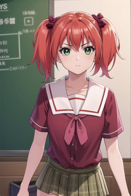 kokoashuzen, <lora:kokoa shuzen s2-lora-nochekaiser:1>,
kokoa shuzen, twintails, (green eyes:1.5), red hair, hair bow, short hair,
BREAK skirt, thighhighs, school uniform, black thighhighs, plaid, serafuku, red shirt, short sleeves, 
BREAK indoors, classroom,
BREAK looking at viewer, (cowboy shot:1.5),
BREAK <lyco:GoodHands-beta2:1>, (masterpiece:1.2), best quality, high resolution, unity 8k wallpaper, (illustration:0.8), (beautiful detailed eyes:1.6), extremely detailed face, perfect lighting, extremely detailed CG, (perfect hands, perfect anatomy),