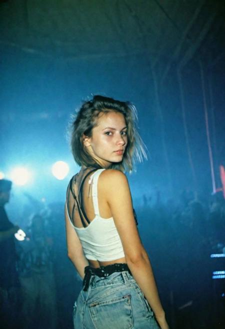 russian techno girl in the 80s, indoor rave in moscow, medium body shot from back, color light, kodak ektar e100 analog film, medium format camera, shadows, ultra-wide angle, underexposed, contact test, damaged print, faded, grainy,blurry, pixelated, motion blur, vignette