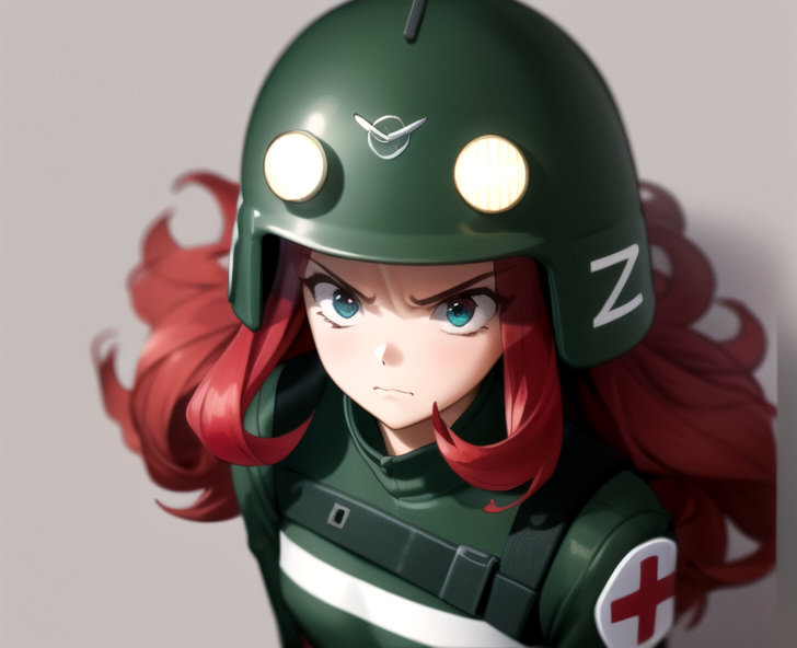buhanka, 1girl, red hair, helmet, thighhighs upper body,  , angry,
depth of field|simple background|detailed background}, ...