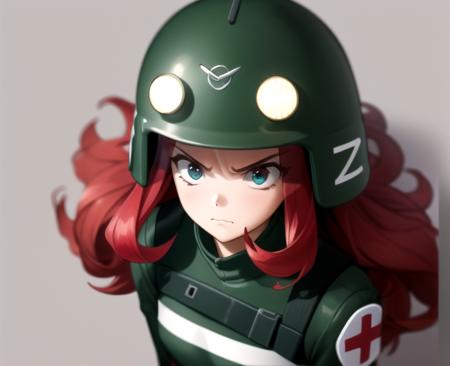 buhanka, 1girl, red hair, helmet, thighhighs upper body,  , angry,
depth of field|simple background|detailed background}, from above, long hair, wavy hair
 <lora:buhanka-000030:1>, (masterpiece, best quality), intricate details, 8k, artstation, wallpaper, official art, splash art, sharp focus