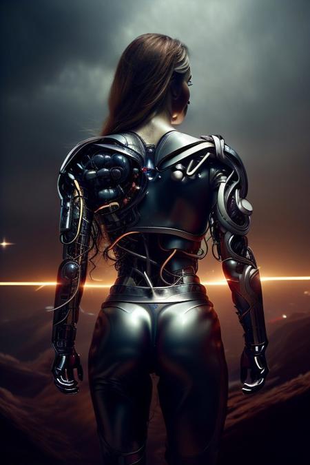 cinematic film still silverpulse, cyborg supergirl, 'S' Logo on chest, red cape, simple background, high quality, artistic, vibrant colors, detailed textures. futuristic sleek/glossy silver and blue glow, vibrant colors, detailed textures., Concept art, cyborg, background, vintage, modern, SilverPulse, superman_oc, <lora:SilverPulseMorphXL:0.8>, excellent composition, artistic, highly detail, holy, sunny, dynamic dramatic beautiful full taking . shallow depth of field, vignette, highly detailed, high budget, bokeh, cinemascope, moody, epic, gorgeous, film grain, grainy,  back view, ass,