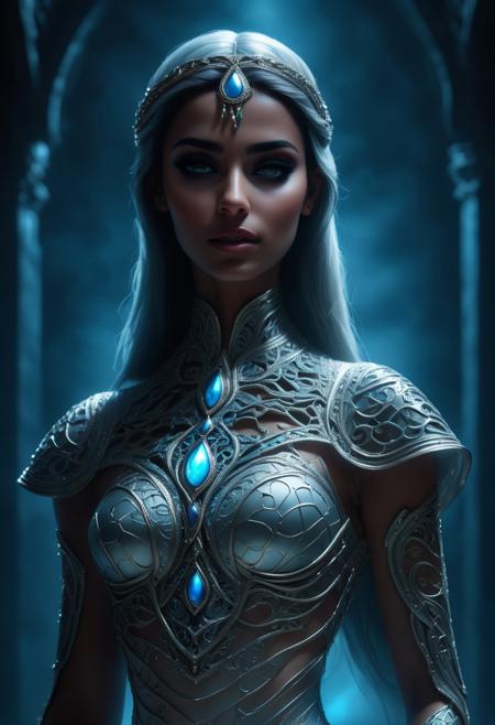 close up shot, ethereal semi-ghost arabian princess, extremely beautiful, biomechanical details, hyperdetailed, metal, top blue light, mist, masterful