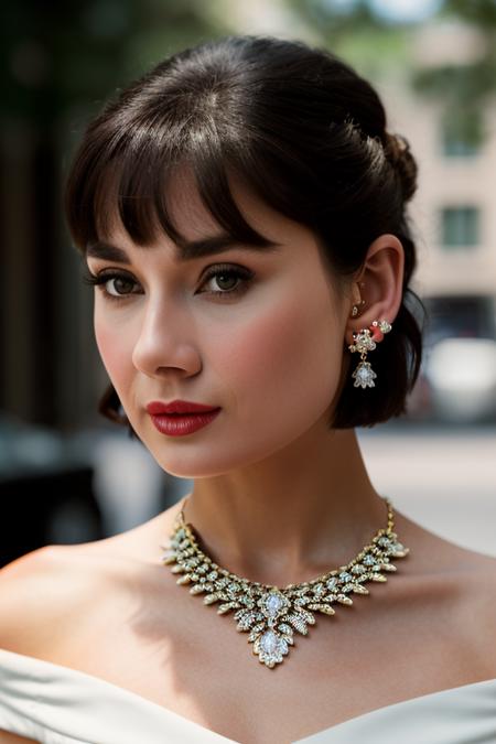 Realistic photo of a beautiful 4udr3yh-v2 woman, 1girl, solo, breasts, looking at viewer, short hair, black hair, dress, bare shoulders, jewelry, collarbone, upper body, earrings, off shoulder, white dress, blurry, lips, makeup, shadow, realistic, off-shoulder dress, red lips, soft lighting, professional Photography, Photorealistic, detailed, RAW, analog, sharp focus, 8k, HD, DSLR, high quality, Fujifilm XT3, film grain, award winning, masterpiece<lora:4udr3yh-v2:1.0>