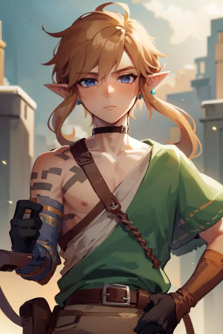 (masterpiece:1.3), best quality, ultra-detailed, <lora:tloz_link_totk-10:0.8>, solo, male focus, 1boy, link \(totk\), expressionless, (holding weapon:1.2), jewelry, earrings, tunic, pants, gloves, belt, single bare shoulder