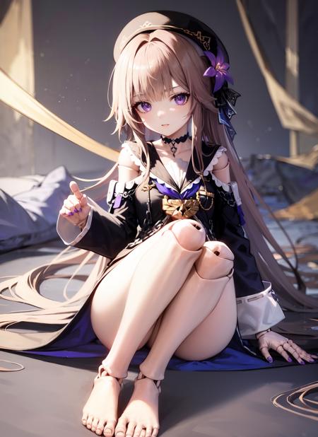 masterpiece, best quality, ultra-detailed, illustration, 1girl, solo,  <lora:herta_v11h:0.8> , herta /(honkai star rail/), grey hair, long hair, purple eyes, doll joints, small breasts, purple hair flower, beret, single earring, choker, collarbone, purple nails, hertadress, black jacket, long sleeves, purple ribbon, frills, white dress, checkered dress, tailcoat, barefoot, toes, ful body