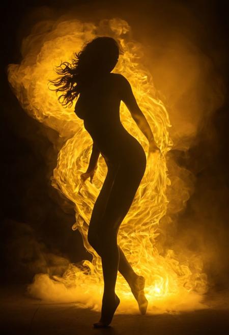 "Yellow Silhouette in Motion with Flash": Capture a dynamic silhouette of a woman in motion, backlit by dramatic yellow strobe lighting, and accentuate her intense expression with a flash. The yellow hue and movement create energy, while the flash freezes her passionate gaze. Enhance the scene with graphics settings: increase texture quality to highlight the smoke details, adjust lighting and shadows for contrast, and apply anti-aliasing for smooth edges. Utilize DLSS to boost frame rates. Shot with a Canon EOS R5 and a 24-70mm f/2.8 lens, use a slow shutter speed and a wide-angle perspective to capture the captivating motion blur within the smoke-filled environment.