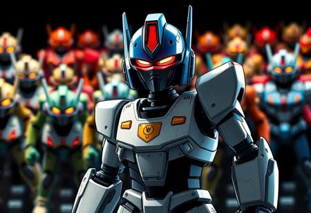 An intense, super detailed graphic novel illustration in a dynamic action pose features a central, powerful robot figurine. The robot, boasting a deep blue head with a glowing red visor and a crisp white body with a prominent gold emblem on its chest, is rendered with sharp lines and bold brush strokes, exuding a contemporary aesthetic. A Grammer Effect style and subtle splash ink elements enhance its futuristic design. It stands silhouetted against a stark black background, where other blurred, multi-colored robot figurines create an attractive, expansive collection display. The impeccable composition employs a creative angle, drawing the eye directly to the robot's vivid emotions and powerful message. Stunning, harmonious colors and captivating lighting define this high-quality, handcrafted piece. Trending on ArtstationHQ, CGSociety quality.