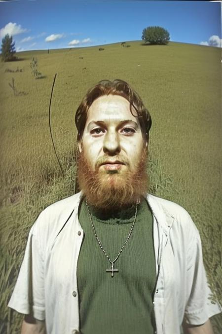 Weirdcore close-up of <ffurian> male character with beard, standing in green hills grass, 90VHS, (<ffurian> close-up, in weird clothing 1.3),  ffurian looking at viewer (y2k aesthetic 0.8), ms paint style <lora:ms-paint-lora:1> cult leader  (sunny weather 1.2), the matrix movie, <lora:y2kaesthetic:0.7>, 3d render, lush, bloom, neon, half0ster, CCTV Style