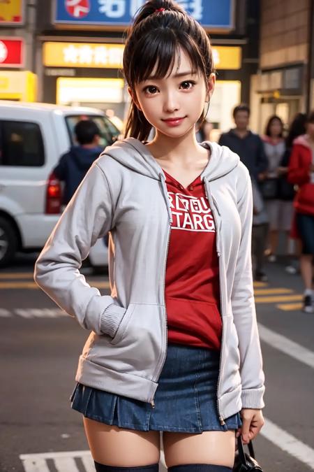 sawamura haruka, ryu ga gotoku, yakuza, brown hair, long hair, ponytail, bangs, swept bangs, black eyes, (red shirt:1.3), (grey hoodie jacket, half opened, hoddie down:1.3), (denim skirt:1.3), (black thighhighs:1.3), white sneakers, small breasts, in the streets of Sotenbori in Osaka, smile, looking at viewer (((best quality, masterpiece))), (((extremely detailed))), RAW photo, realistic, natural lighting, 8k uhd, <lora:Sawamura Haruka v2:0.8>