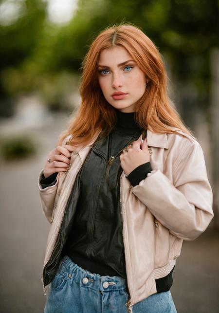 (sharp focus:1.2), photo, attractive young woman, (beautiful face:1.1), detailed eyes, luscious lips, (winged eyeliner:0.85), (tight body:1.2), wearing (jacket:1.2) at a (shop:1.2). (moody lighting:1.2), depth of field, bokeh, 4K, HDR. by (James C. Christensen:1.2|Jeremy Lipking:1.1).