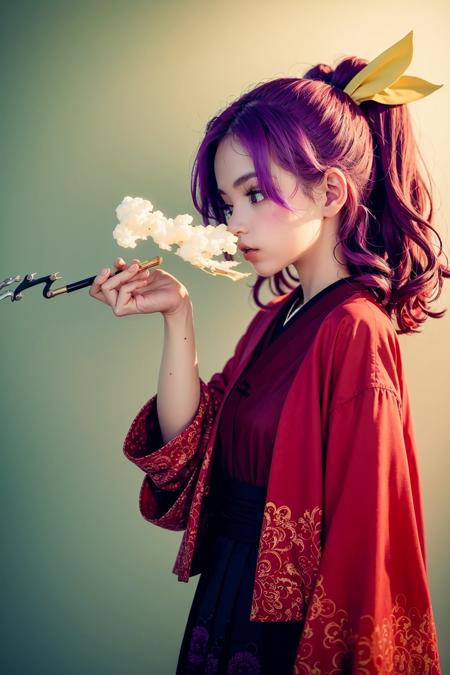 masterpiece, best quality, <lora:KomakusaSannyo:1>,
1girl,purple hair, ponytail,long hair,yellow ribbon, red eyes,japanese clothes,red kimono,long sleeves,wide sleeves, purple skirt,
kiseru,smoking pipe,smoke,smoking,