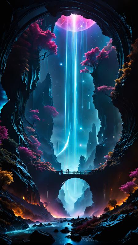 <(score_9,score_8_up,score_7_up,score_6_up,score_5_up,score_4_up):1.0>,
<(Amidst the shimmering darkness, strange cosmic structures loom, pulsating with vibrant energy. Neon hues crisscross in the sky, defying gravity as they intertwine in intricate networks. Ethereal liquid crystals cascade like waterfalls, forming mesmerising currents in the fluid expanse of the cosmos. Mythical creatures, both organic and mechanical in nature, engaged in celestial ballets. Tachisme elements emerge from the depths, splattering iridescent paints across the inky stage, leaving trails of audacious brushstrokes behind. Through the glistening veil, behold the convergence of science-fiction and fantastical elements in these intriguing mythical nightscapes):1.0>,
<(detailed matte painting, deep color, fantastical, intricate detail, splash screen, complementary colors, fantasy concept art, 8k resolution trending on Artstation Unreal Engine 5):0.9>
<lora:WildcardX-XL-Detail-Enhancer:1>,
 <lora:zavy-cntrst-sdxl:1>
