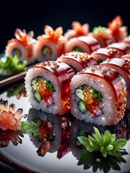 food photography photo of a crystal maki sushi with wasabi, perfect roles, maximum detail, foreground focus, crystalz  <lora:crystalz:1>