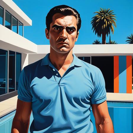 devastatingly handsome Miami blood spatter analyst in a polo shirt, thick dark eyebrows, close-set eyes with thick lashes, bedroom eyes that are completely empty and soulless, European nose, angular face with square jaw, perfect proportions, standing and looking directly at viewer with intense Kubrick stare, head tilted slightly down while eyes look up, unsettling fixed gaze with no emotion behind the eyes, wearing black leather gloves, holding a scalpel, arms at his side with hands hanging at waist level, handsome facade masking complete emptiness,, vibrant acrylic painting style, bold flat colors, clean geometric compositions, bright California sunlight, crisp shadows, modernist architecture, swimming pool blue tones, perfectly manicured landscapes, mid-century modern aesthetic, saturated color palette, smooth gradients, minimal detail work, contemporary pop art influence, architectural precision, optimistic 1960s atmosphere,