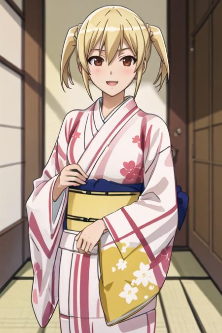 best quality, masterpiece, highres, solo, {otosuna_mihari_mangakasantoassistantsanto:1.15}, blonde_hair, short_hair, open_mouth, brown_eyes, red_eyes, 1girl, closed_eyes, japanese_clothes, kimono, smile, yukata