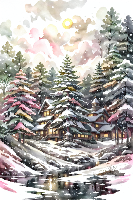 GachasplashMistletoe, outdoors, sky, sun, cloud, tree, no humans, night, nature, scenery, snow, forest, reflection, snowing, winter, christmas tree, bare tree, pine tree, yellow background, dark ink wash, SplshPntNOwrth, zoom out, wide shot, masterpiece, official art, 32k UHD, wallpaper, best watercolor, diffused light, ultra sharp, extremely detailed <lora:GachasplashMistletoe:0.8>