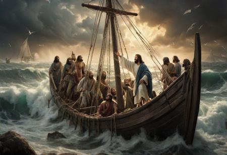highly detailed photograph of jesus welcomed aboard his  disciples soaked sailboat , epic biblical depiction,  coming out of the ocean, they come ashore, the weather is calmed, storm is far away, rocks and snad of the shore seen on the picture