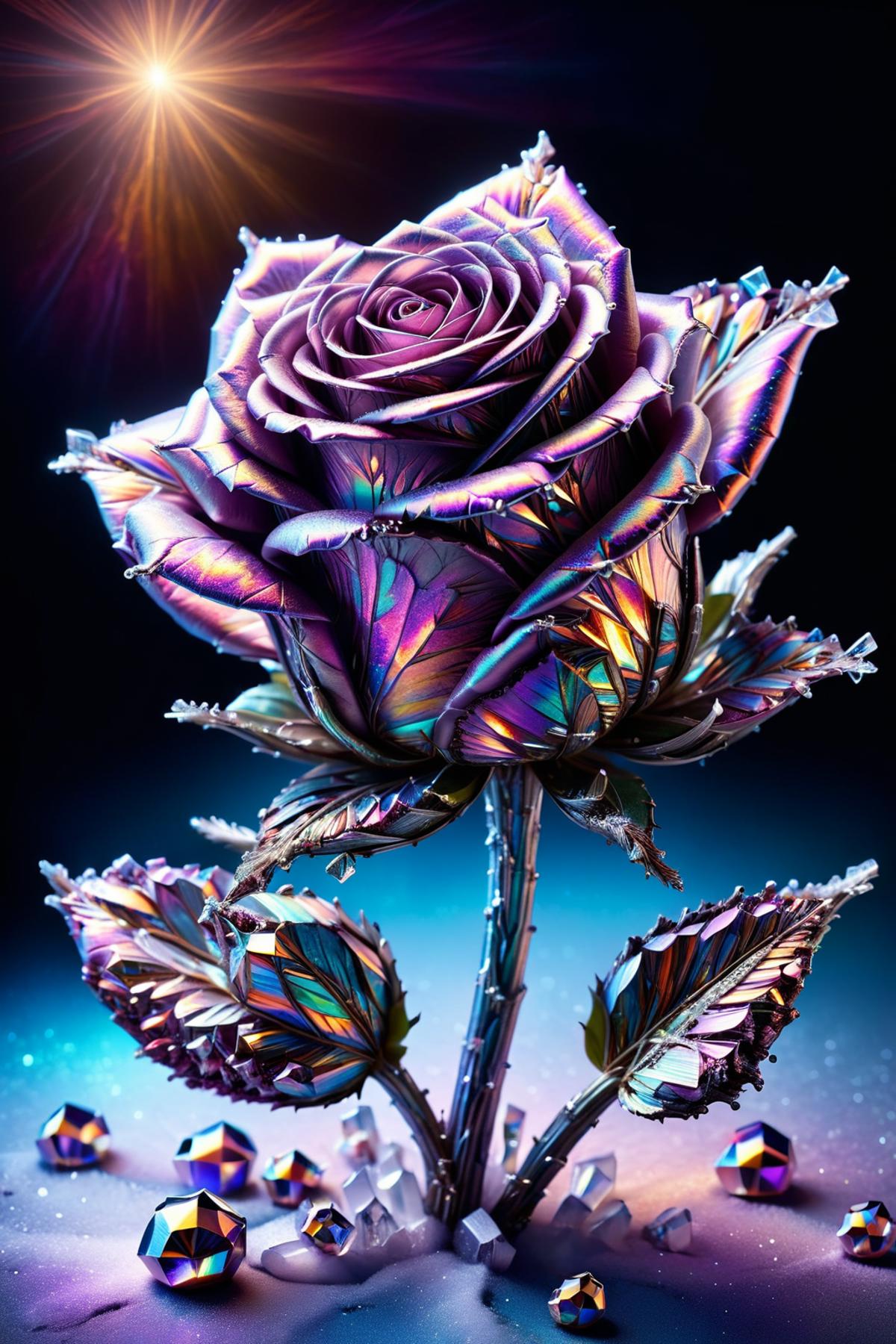 Purple Rose with Rainbow Colors and Glimmering Leaves