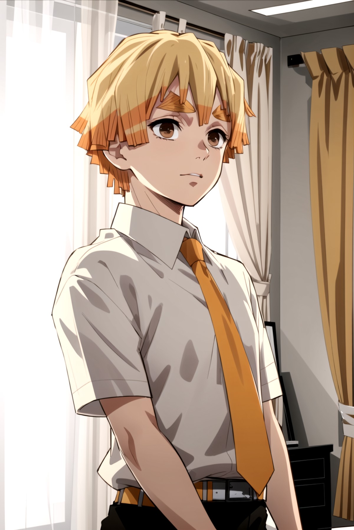 1boy, solo, male focus, blonde hair,  curtains, orange necktie, window, white shirt, leaning back, short sleeves, pants, i...