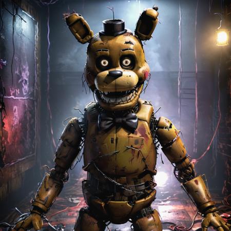 (masterpiece:1.4),full body shot, five nights at freddy's, animatronic, exposed wiring, broken, horror:1.2, digital painting, smooth lines, detailed background,Cinematic Lighting,cg trending art, <lora:xl_more_art-full_v1:1.2> <lora:more_details:0.89>