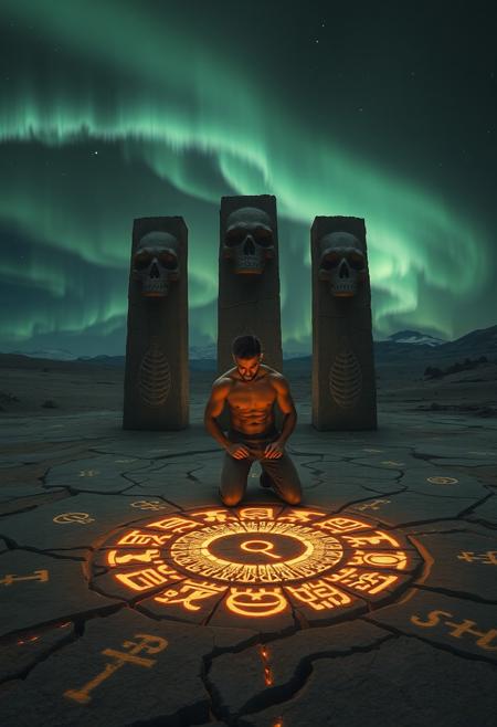 A wind-swept plateau at night under a bruised sky filled with slow-moving auroras. A man kneels in the center of a glowing circle etched into the cracked stone, surrounded by tall monolithic sculptures shaped like twisted vertebrae and hollow faces. His body appears normal at first glance but is subtly distorted—limbs slightly elongated, joints misplaced, eyes too wide and distant. The ground around him is scattered with symbols carved deep into the stone, some of them softly lit from within. A cold wind stirs the dust, and faint whispers seem to rise from the crevices. The composition fuses stark realism with psychological distortion, giving voice to inner turmoil within a cosmic ritual setting.