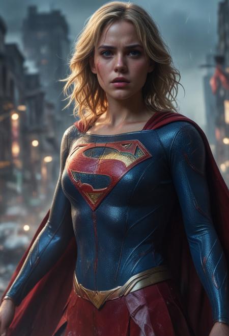 High resolution ultra-realistic of Beautiful bloody Supergirl fighting against alien invasion, cinematic style, standing on a bloody and stormy battle in a destroyed city in a fighting pose, bloody and dirty, realistic blue combat costume, red mini skirt, red cape, perfect athletic figure, wavy blonde hair, handsome bloody face, beautiful perfect detailed pupils, wet oily shiny skin, covered in dirty and blood, beautiful firm Breasts, defiant and seductive, attractive 21 year old Supergirl, 8k resolution concept art portrait by Greg Rutkowski, Kiernan Shipka, Dark Gotham City, Artgerm, WLOP, Alphonse Mucha, dynamic lighting, hyperdetailed, intricately detailed, Splash art trending on Artstation triadic colors, Unreal Engine, 5 volumetric lighting, Cinematic Lighting, intricate, smooth, sharp focus digital painting, Asymmetrical Balance, realistic eyes, ultra detailed atmospheric details, sparkle effects, realistic body proportions, beautiful body Supergirl proportions, complex masterpiece, dramatic atmosphere