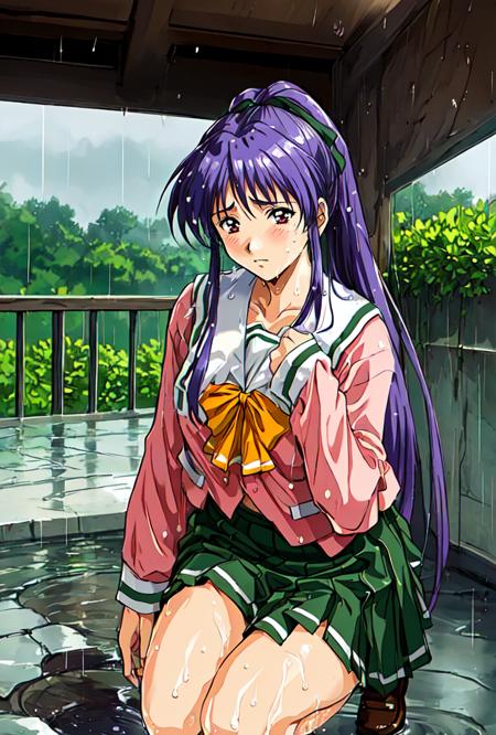 <lora:takabe:0.8>,takabe,1girl,super fine illustration,masterpiece,best quality,school_uniform,embarrass,nature,rain,kneeling,(wet wet:1.1),hide one's chest,