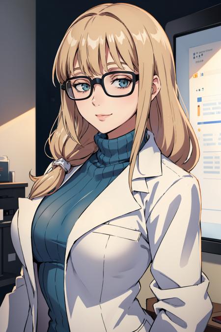 masterpiece, best quality,  <lora:oleana-nvwls-v1-000010:0.9> pastOleana, medium hair, blunt bangs, tied hair, hair over shoulder, glasses, labcoat, blue turtleneck sweater, long sleeves, large breasts, upper body, looking at viewer, smile, tired, office