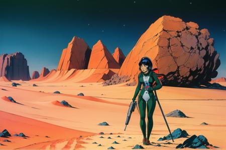 Yoko Tsuno, black bodysuit, sand planet, desert, 1girl, solo, (alone), movie still, ultra high res, ultra detailed, masterpiece, crystal clear, sharp focus, science fiction, retro artstyle, <lora:yoko_tsuno-10:0.9>