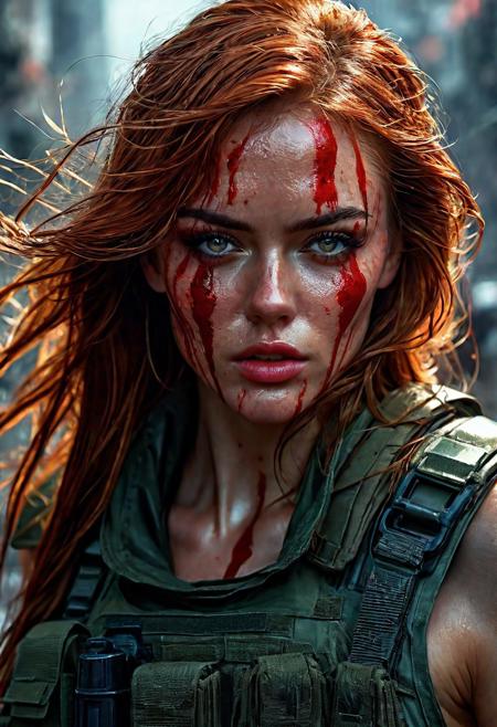 High resolution ultra-realistic of Beautiful bloody Soldiers girl  fighting against alien invasion, cinematic style, standing on a bloody and stormy battle in a destroyed city in a fighting pose, bloody and dirty, realistic combat uniform, brown camouflage, army tactical vest, body from the waist up, perfect athletic figure, wavy long red hair, handsome bloody face, beautiful perfect detailed pupils, wet oily shiny skin, covered in dirty and blood, beautiful firm Breasts, defiant and seductive, attractive Sadie Sink as 21 year old female soldier, 8k resolution concept art portrait by Greg Rutkowski, Dark City, Artgerm, WLOP, Alphonse Mucha, dynamic lighting, hyperdetailed, intricately detailed, Splash art trending on Artstation triadic colors, Unreal Engine, 5 volumetric lighting, Cinematic Lighting, intricate, smooth, sharp focus digital painting, Asymmetrical Balance, realistic eyes, ultra detailed atmospheric details, sparkle effects, realistic body proportions, beautiful body female soldier proportions, complex masterpiece, dramatic atmosphere
