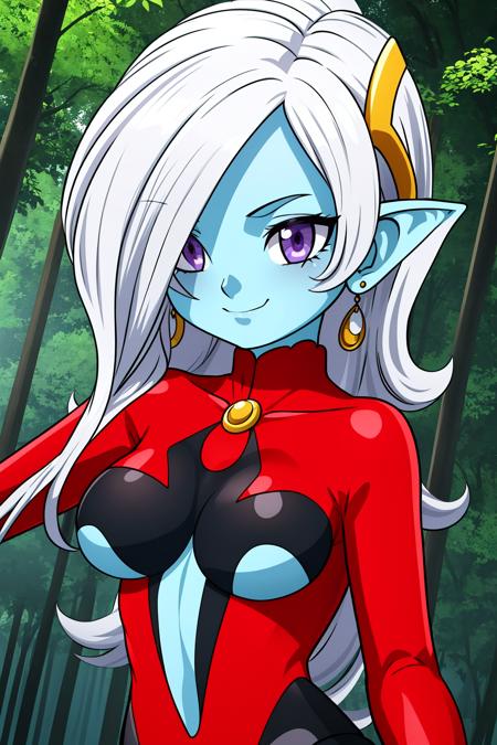 towa, 1girl, solo, purple eyes, white hair, long hair, hair over one eye, parted bangs, hair ornament, jewelry, earrings, pointy ears, colored skin, blue skin, red bodysuit, turtleneck, center opening, clothing cutout, skin tight, long sleeves, underboob,
