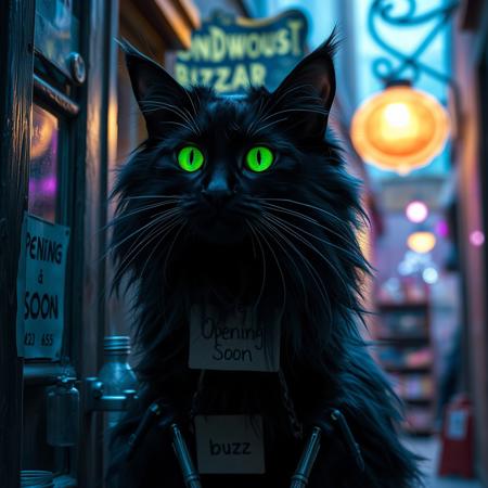 Highly detailed, 4k. Off in the distance A mystical long haired black cat with glowing neon green eyes with and ethereal glow that has cybernetic prosthetic limbs . Located in a back ally with lights in rich blues, teals, and purples, suggesting a mysterious environment creating a dreamlike, ethereal atmosphere. Off in the distance the cat sits in a shop window that has sign above the shops door that reads " The Wondrous Bizzar" On the door hangs a sign that reads " Opening Soon". The cat’s bright, piercing eyes draw attention to the shop that's off in the distance. Beside  the bottom of the shop door is a clear jar that has "buzz" written on it. The Shop seems to be filled with strange prosthetic parts that appear to be otherworldly.