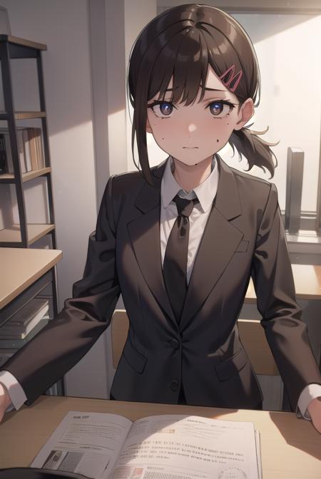 kobenihigashiyama, <lora:kobenihigashiyamatest:1>,
kobeni higashiyama, black hair, hair ornament, hairclip, mole, mole under eye, ponytail, short hair, (brown eyes:1.5), (small breast:1.2),
BREAK black necktie, black pants, business suit, formal, long sleeves, necktie, pants, suit, 
BREAK looking at viewer,
BREAK indoors, classroom,
BREAK <lora:GoodHands-vanilla:1>, (masterpiece:1.2), best quality, high resolution, unity 8k wallpaper, (illustration:0.8), (beautiful detailed eyes:1.6), extremely detailed face, perfect lighting, extremely detailed CG, (perfect hands, perfect anatomy),