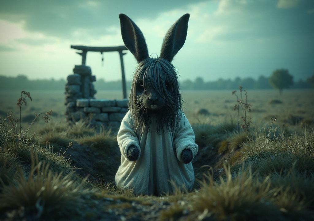 TV Screen fills the picture a grainy image as viewed through the static from the TV.  a wideshot of a desolate field, In the centre a rabbit in front of a an old stone well. They are wearing a wet old torn white dressing gown, with long dark scraggy wet hair which falls over their eyes obscuring them from view. They are on all fours crawling twards the viewer clearly having recently emerged from the well, which can be seen immediately behind them. They are dressed in the style of the girl from the Ring film but as a rabbit, there is head cocked and looking at the viewer.  The scene provides a sense of imminent terror. din lighting in the style of a 3d render <lora:PinkieChibiHalloweenFLUX:1> pinkchibihalloween